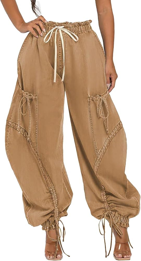 Unybwonn Women Baggy Barrel Jeans High Waisted Y2k Drawstring Bow Tie Cargo Jean Retro Wide Leg A... | Amazon (US)