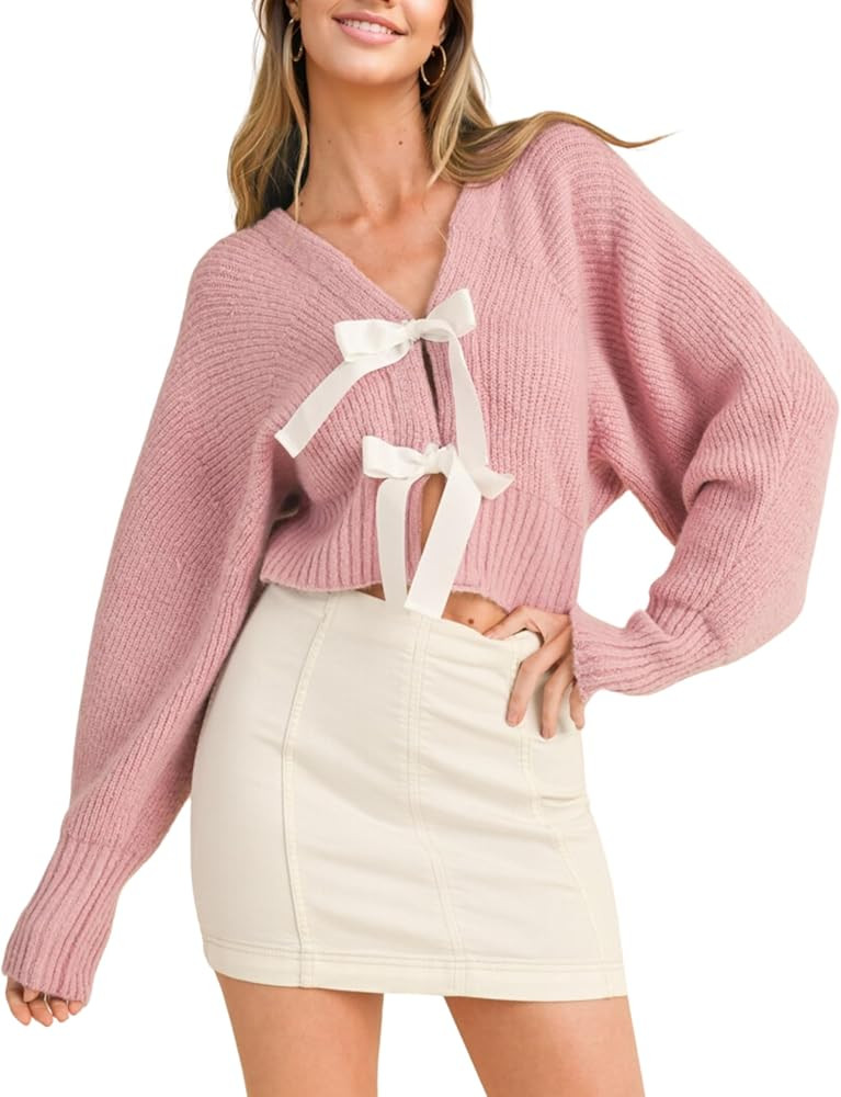 Esmeling Women’s Long Sleeve Crop Cardigan Sweaters Chic Loose V Neck Knit Sweater Outerwear wi... | Amazon (US)