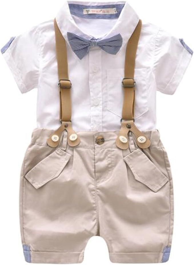 Toddler Baby Boys Gentleman Outfits Short Sleeve T-Shirt+Bib Pants+Bow Tie 3Pcs | Amazon (US)