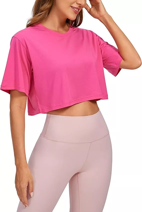 CRZ YOGA Women's Pima Cotton Short Sleeve Crop Tops High Neck Cropped  Workout Tops Yoga Athletic Shirts Casual T-Shirt