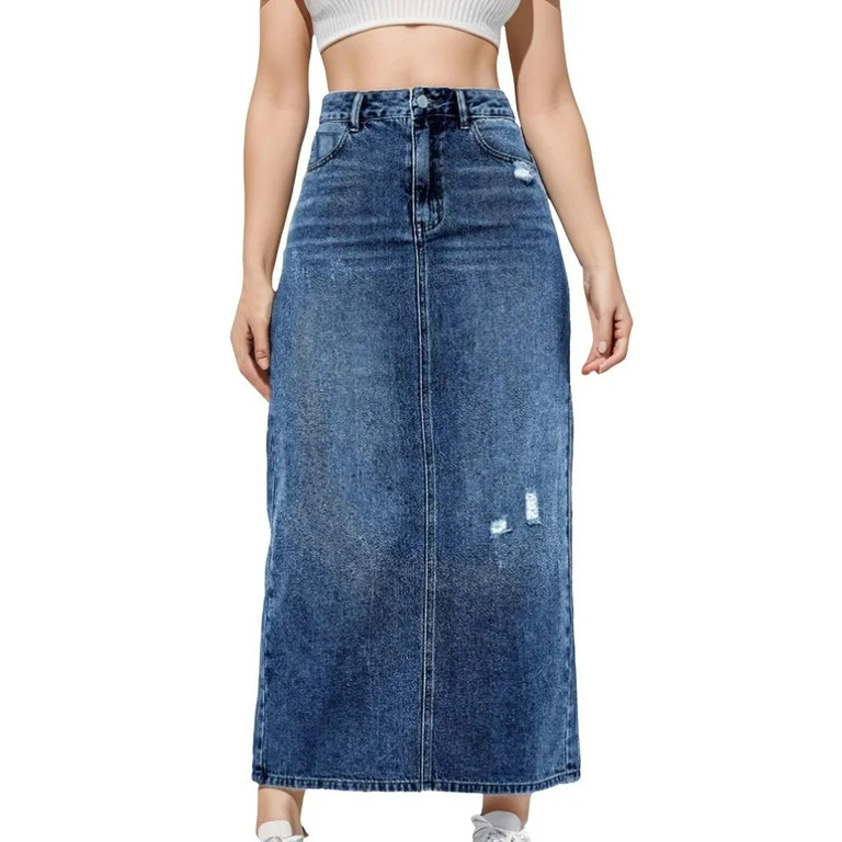Fsqjgq Blue Long Jean Skirts for Women Vintage Mid High Waisted Denim Skirt With Holes Versatile ... | Walmart (US)