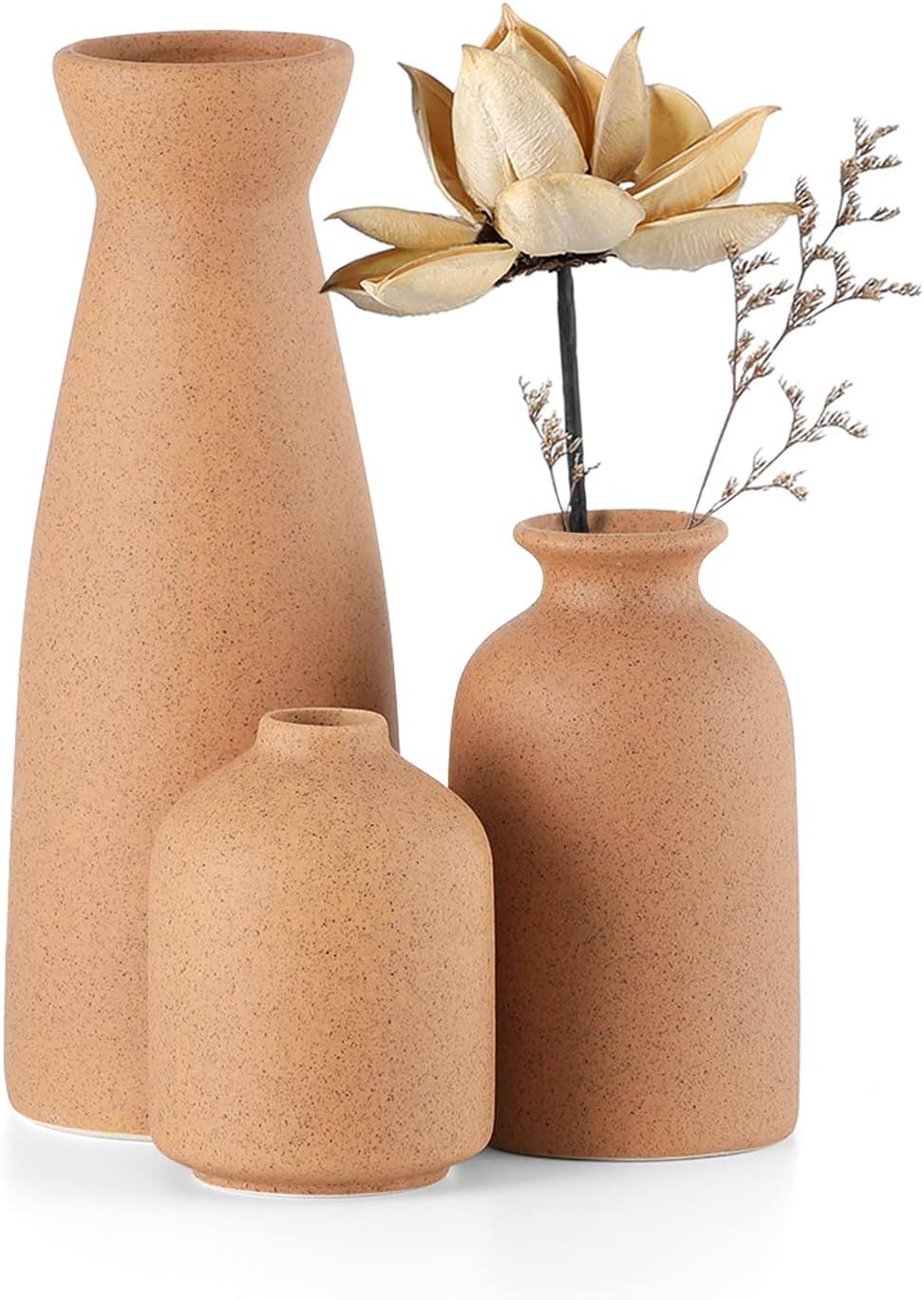 CEMABT Brown Ceramic vase Set-3 Small Flower vases for Decor,Modern Boho Farmhouse Home Decor,Dec... | Amazon (US)