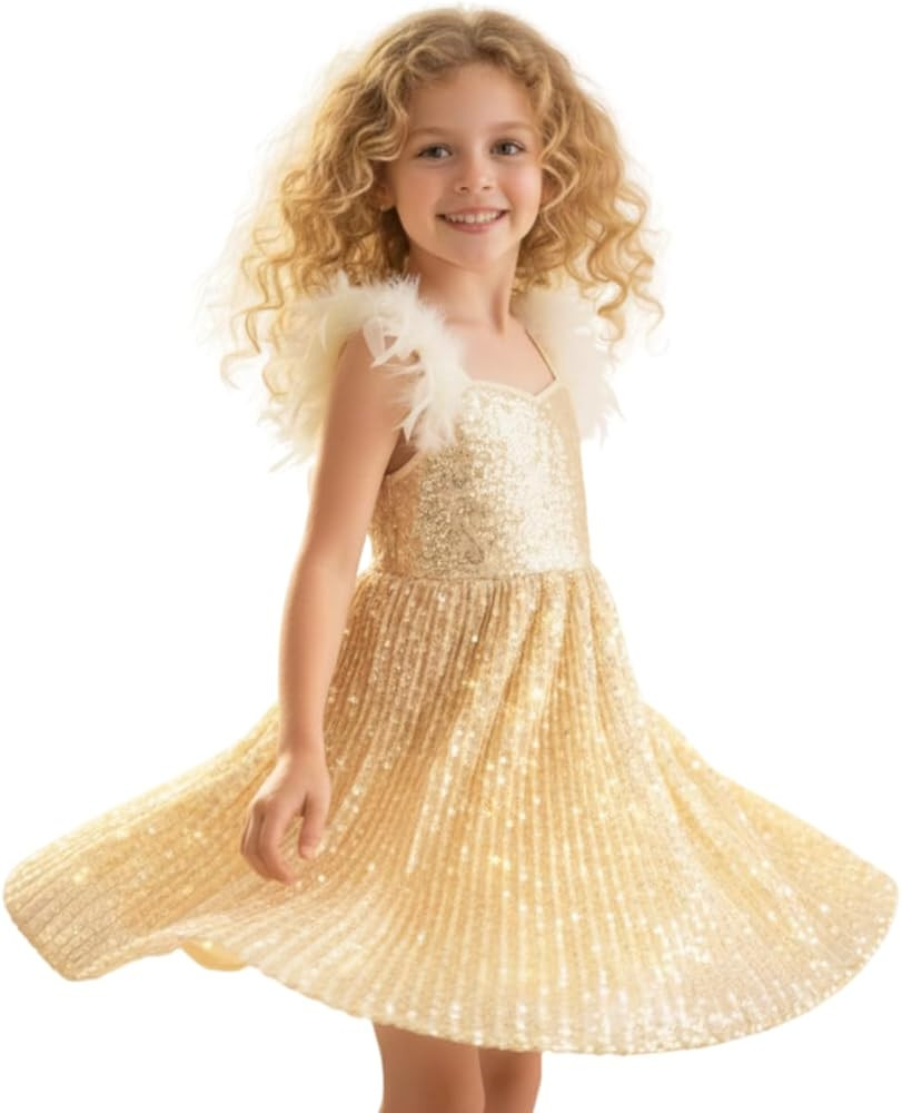 WELAKEN Girls Sparkly Sequin Dress Feather Strap Pleated Twirl Party Formal Dress | Amazon (US)