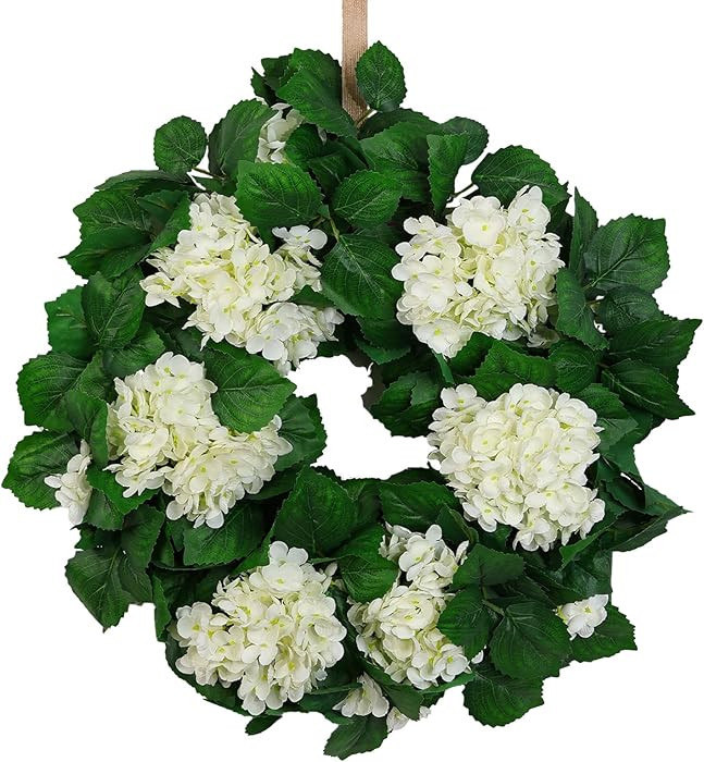 22" White Hydrangea Wreath for Front Door Decor – All-Season Farmhouse Greenery Wreath for Spri... | Amazon (US)