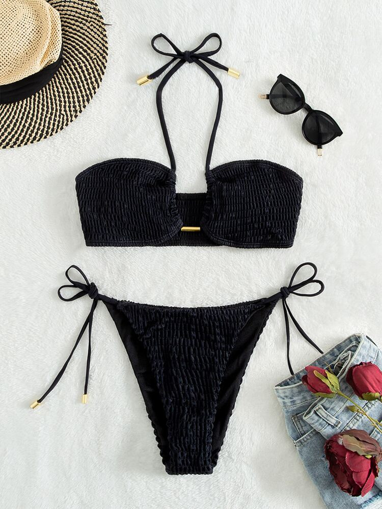 Plain Smocked Bikini Swimsuit | SHEIN