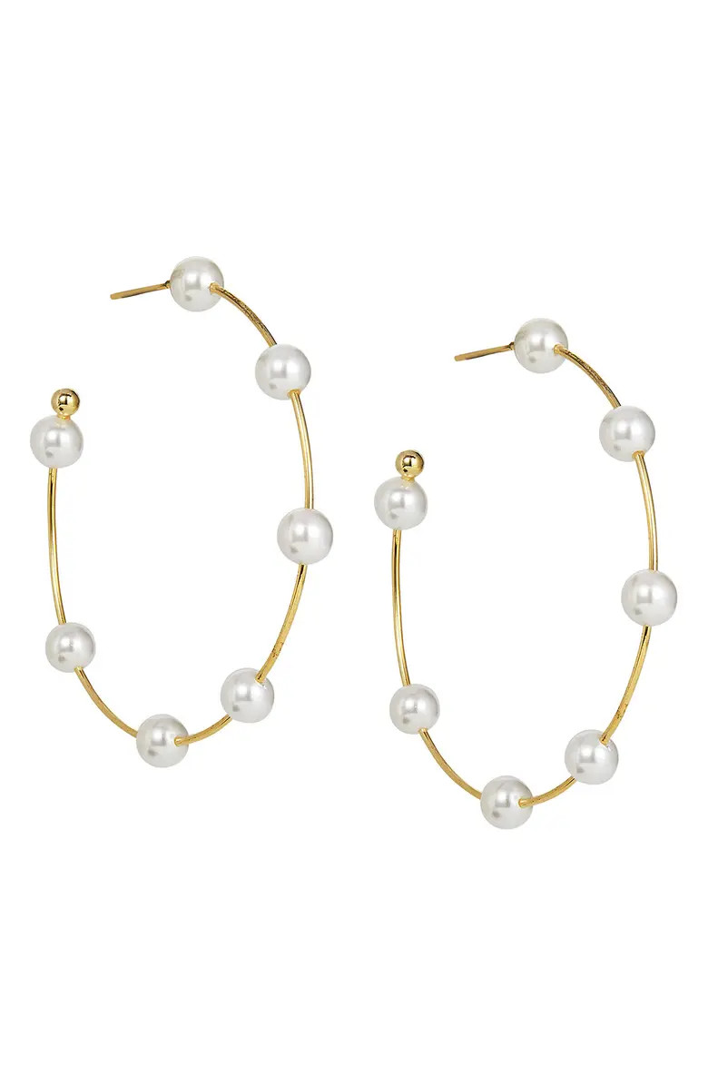 14K Yellow Gold Plated Brass Faux Pearl 56mm Open Hoop Earrings | Nordstrom Rack