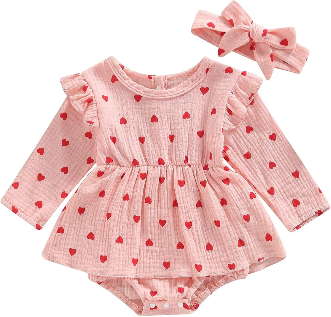 WASAIGOOD Newborn Baby Girls Cotton Linen Romper Dress Long Sleeve Heart Print Valentine's Day On... | Amazon (US)