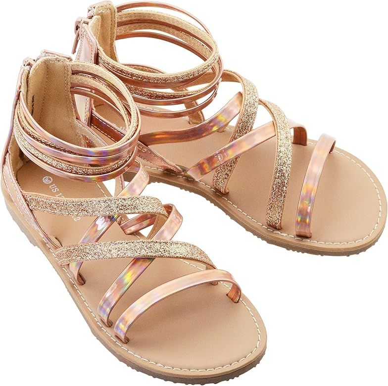 SKABIU Girls Gladiator Sandals Glitter Strappy Open Toe Summer Sandals with Zip Closure Gold Silv... | Amazon (US)