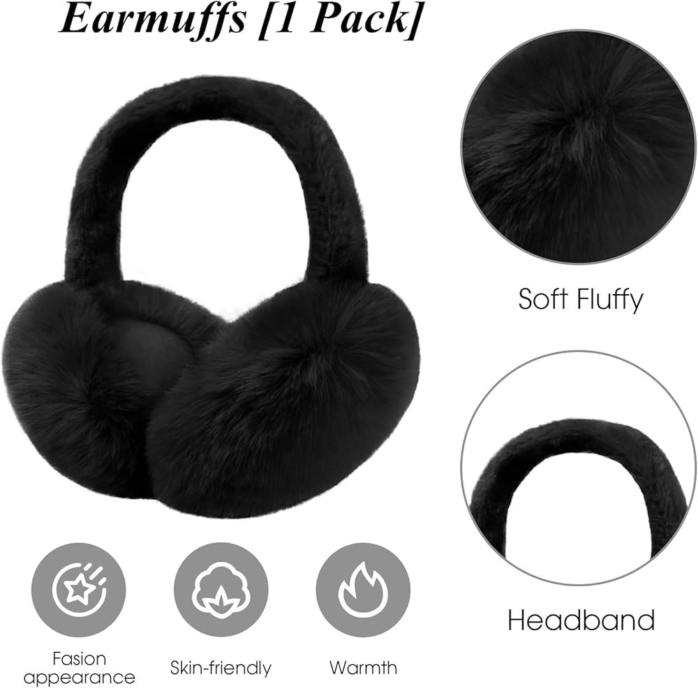 Ear Muffs for Women, Foldable Winter Faux Furry Earmuffs, Adjustable Soft Ear Warmer Covers | Amazon (US)