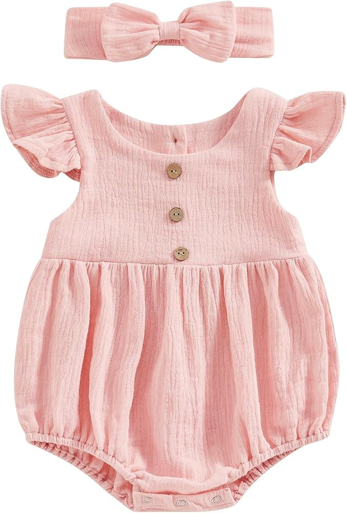FIOMVA Baby Girl Romper Newborn Summer Clothes Toddler Cotton Linen Bodysuit Spring Cute Infant 3... | Amazon (US)