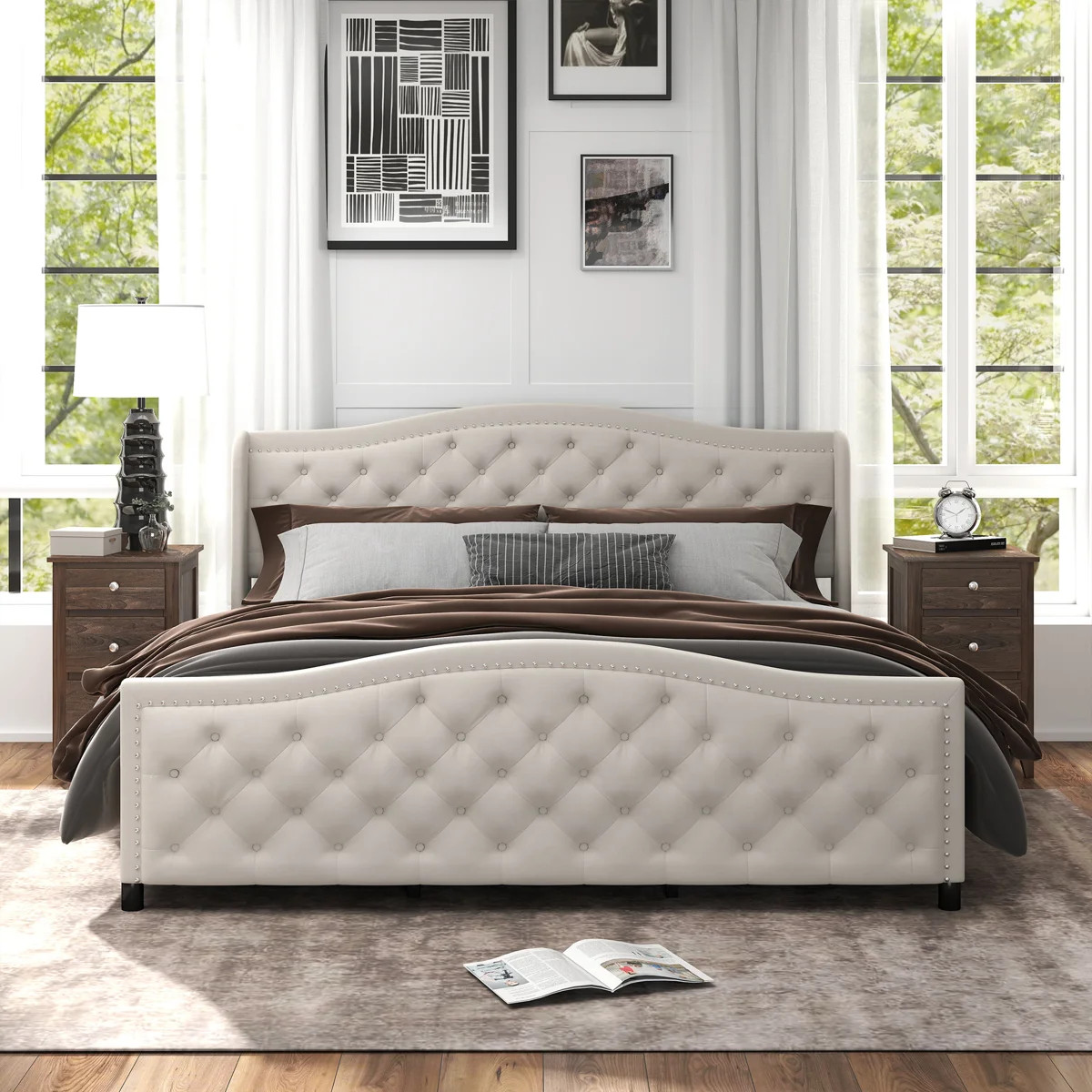 Kassaia 81" W Velvet Upholstered Metal Nail Trim Platform Bed with Tufted Headboard and 4 Drawers | Wayfair North America