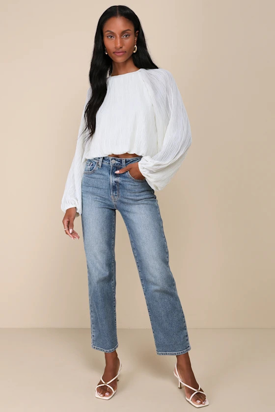 Cute Ideal White Plisse Balloon Sleeve Cropped Bubble Hem Top | Lulus