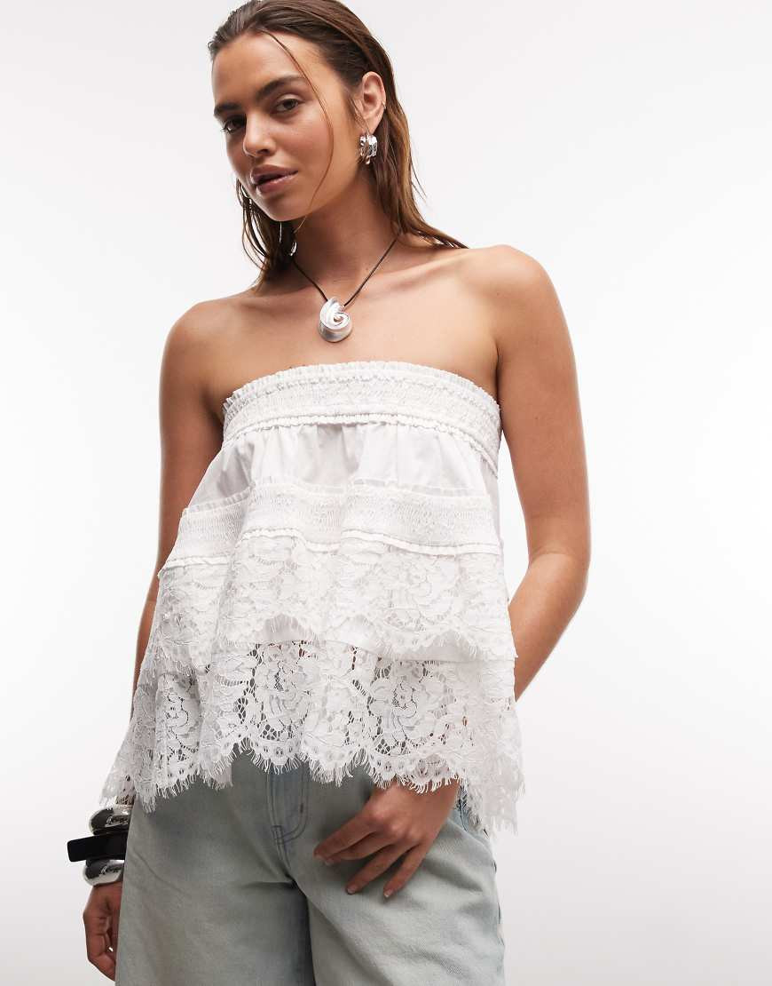 ASOS DESIGN lace hem shirred bandeau top in white | ASOS (Global)