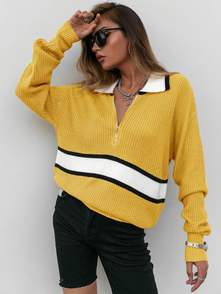 Sollinarry Colorblock Zipper Fly Sweater | SHEIN