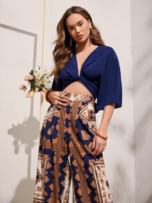 SHEIN Twist Hem Tie Back Crop Top & Scarf Print Wide Leg Pants
   SKU: sw2110133821712995      
 ... | SHEIN