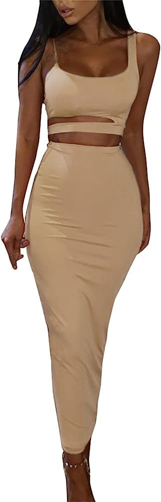 PRIMODA Women's Sexy Asymmetrical Spaghetti Strap Dress Square Neck Sleeveless Bodycon Midi Club ... | Amazon (US)