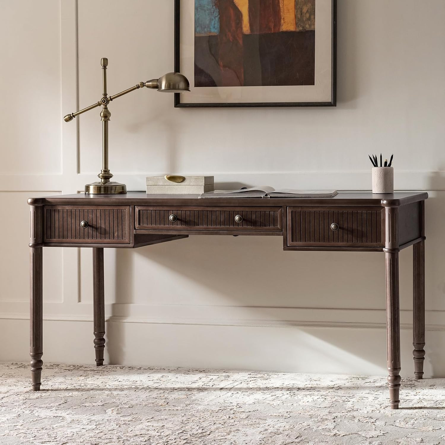 HULALA HOME 60 Inches Fluted Writing Desk with Charging Station, Walnut | Amazon (US)