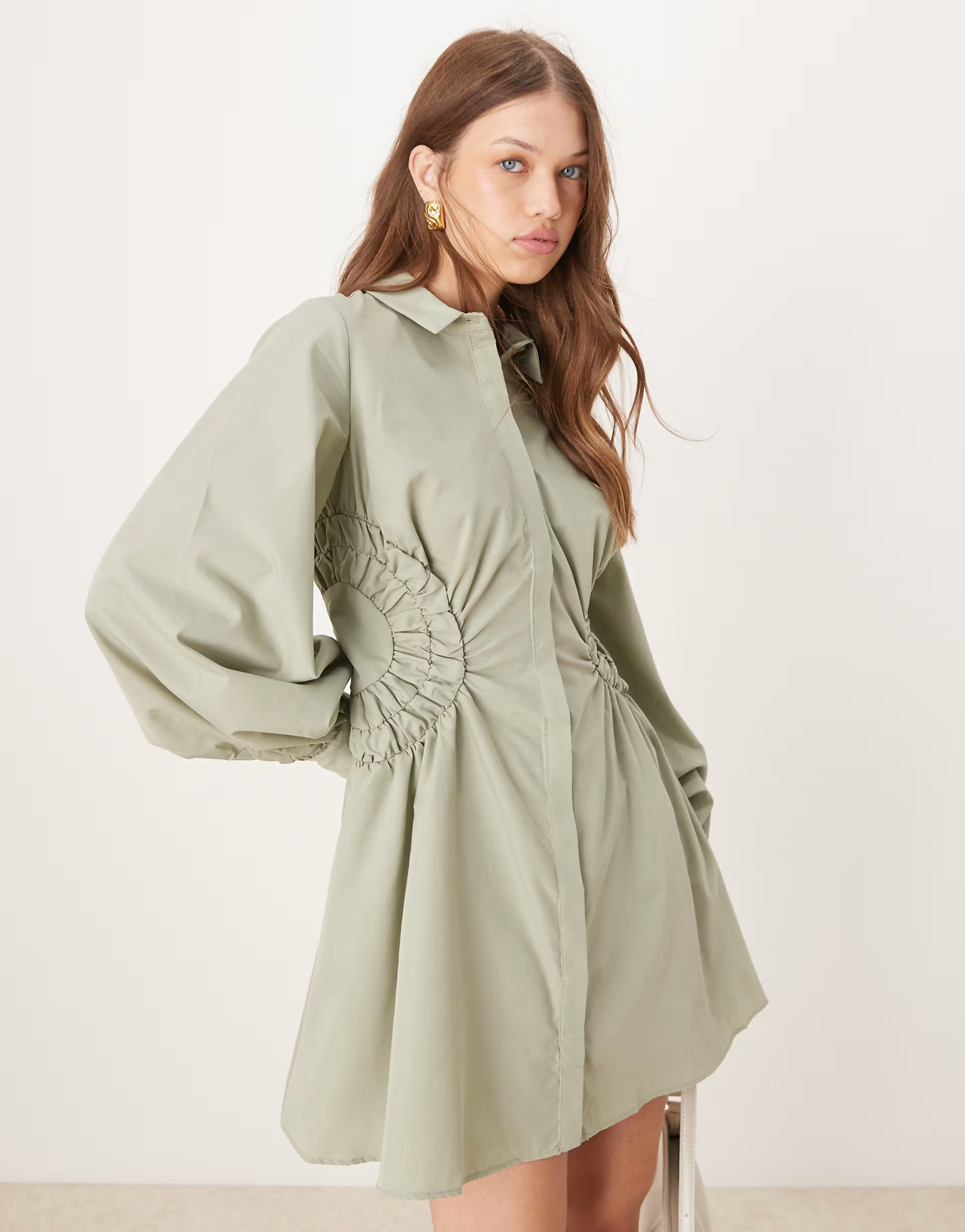 ASOS DESIGN mini shirt dress with ruched side panels in khaki | ASOS (Global)