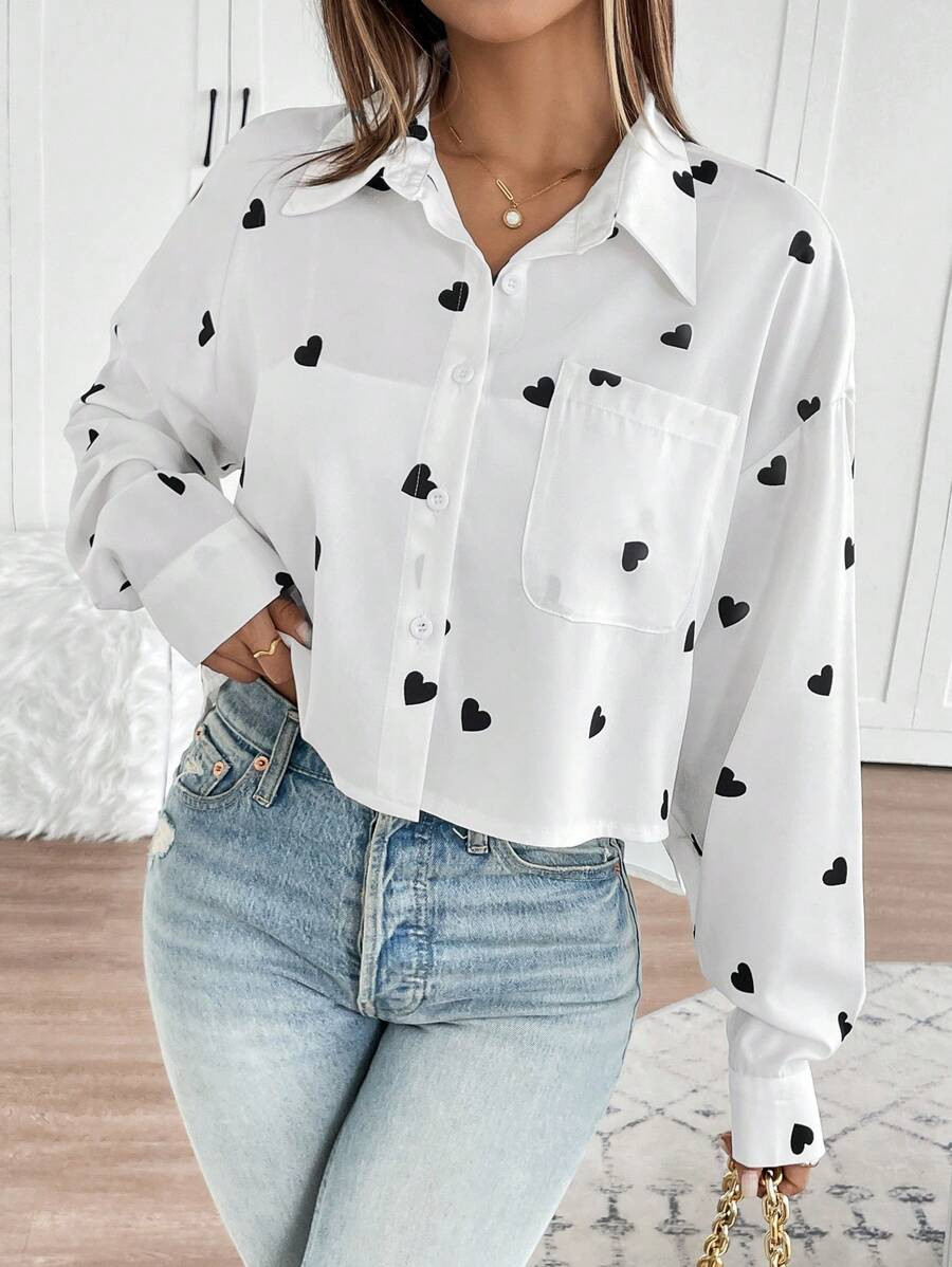 EMERY ROSE Women's Valentine's Day Heart Floral Asymmetric Hem Shirt Fall Cloth For Women | SHEIN