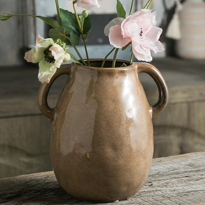 Brown Ceramic Vase with 2 Handles, Modern Farmhouse Vase for Home Decor, Rustic Terracotta Vase, ... | Amazon (US)