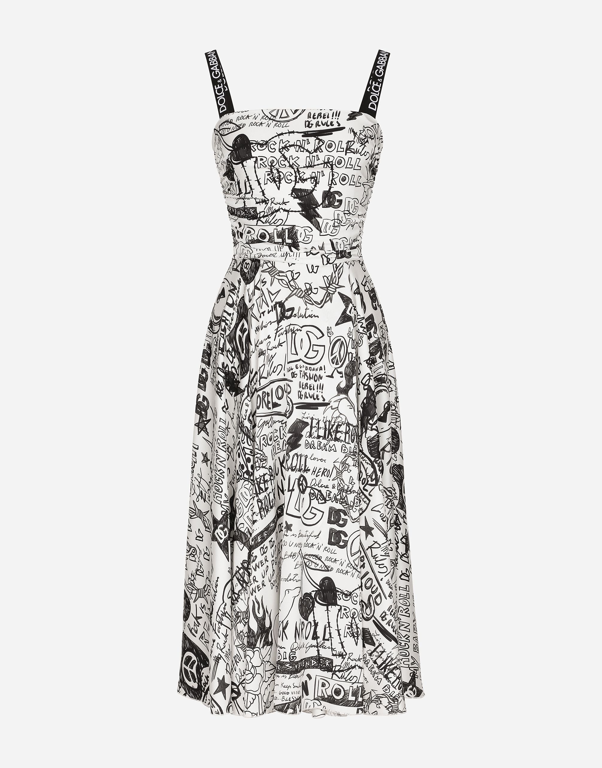 Charmeuse calf-length dress with graffiti logo print | Dolce & Gabbana