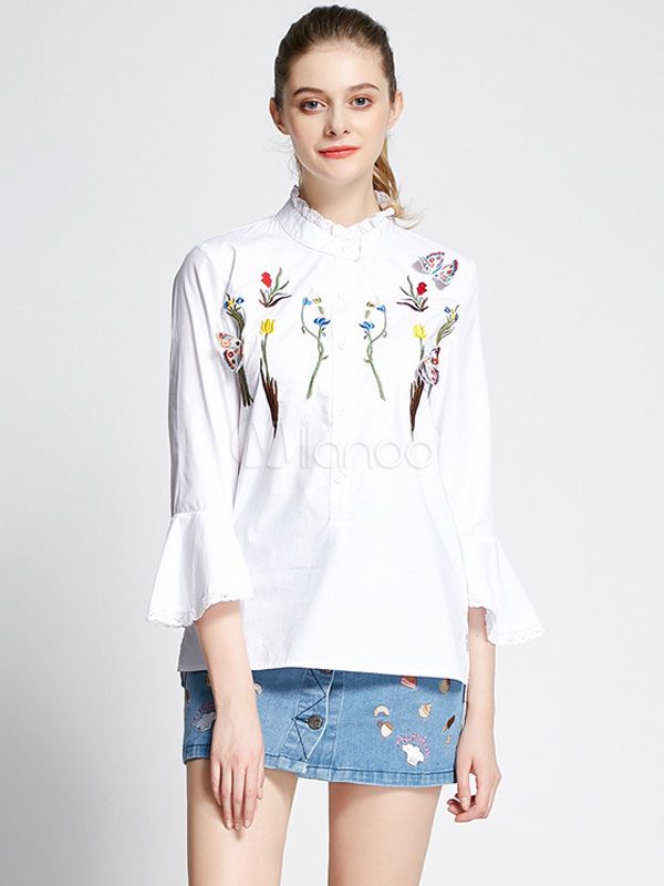 White Women's Blouses Stand Collar Bell Sleeve Butterfly Embroidered Split Casual Top | Milanoo