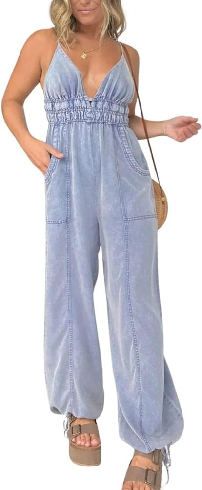 utcoco Womens Smocked Elastic Waist Denim Jumpsuit Sleeveless Adjustable Straps Wide Leg Jeans Ov... | Amazon (US)
