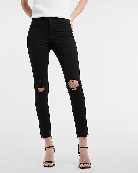 High Waisted Black Ripped Raw Hem Supersoft Skinny Jeans | Express