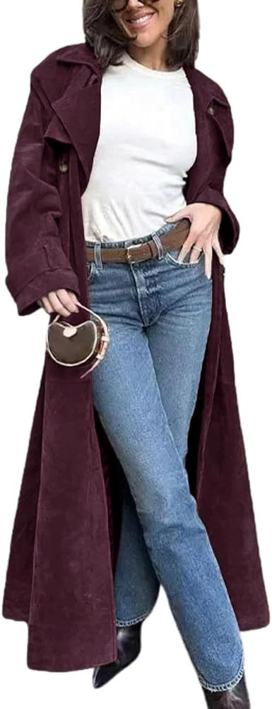 utcoco Womens Faux Suede Long Trench Coat Notched Lapel Double Breasted Pea Coat Overcoat with Be... | Amazon (US)