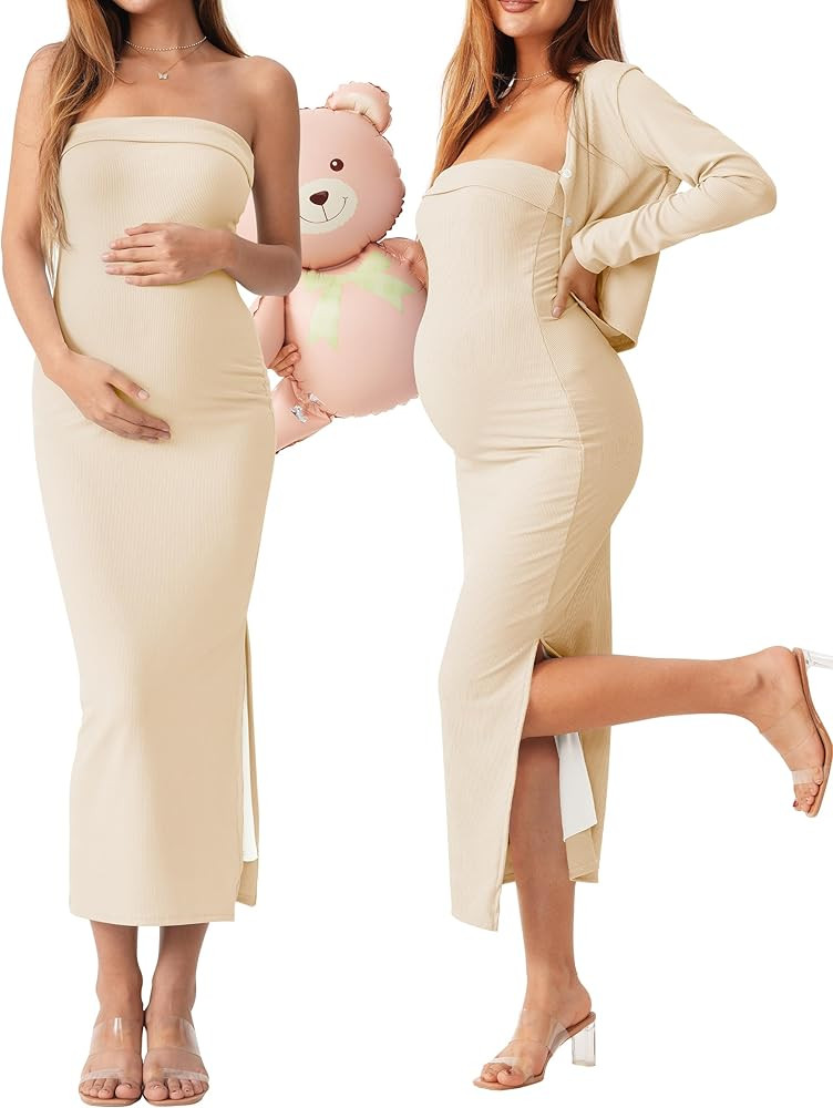 2 Piece Maternity Dress Cardigan Set, Strapless Bodycon Maxi Tube Dresses Long for Baby Shower Ph... | Amazon (US)