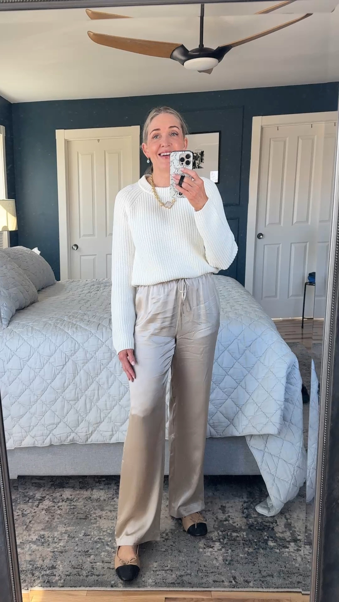Elevated outfit from @Quince 
Fisherman’s sweater and satin drawstring pants true to size.

Spring outfits 2026, fashion over 40, fashion over 50, spring trends, affordable outfit, Quince outfit


#LTKootd #LTKOver40 #LTKWorkwear