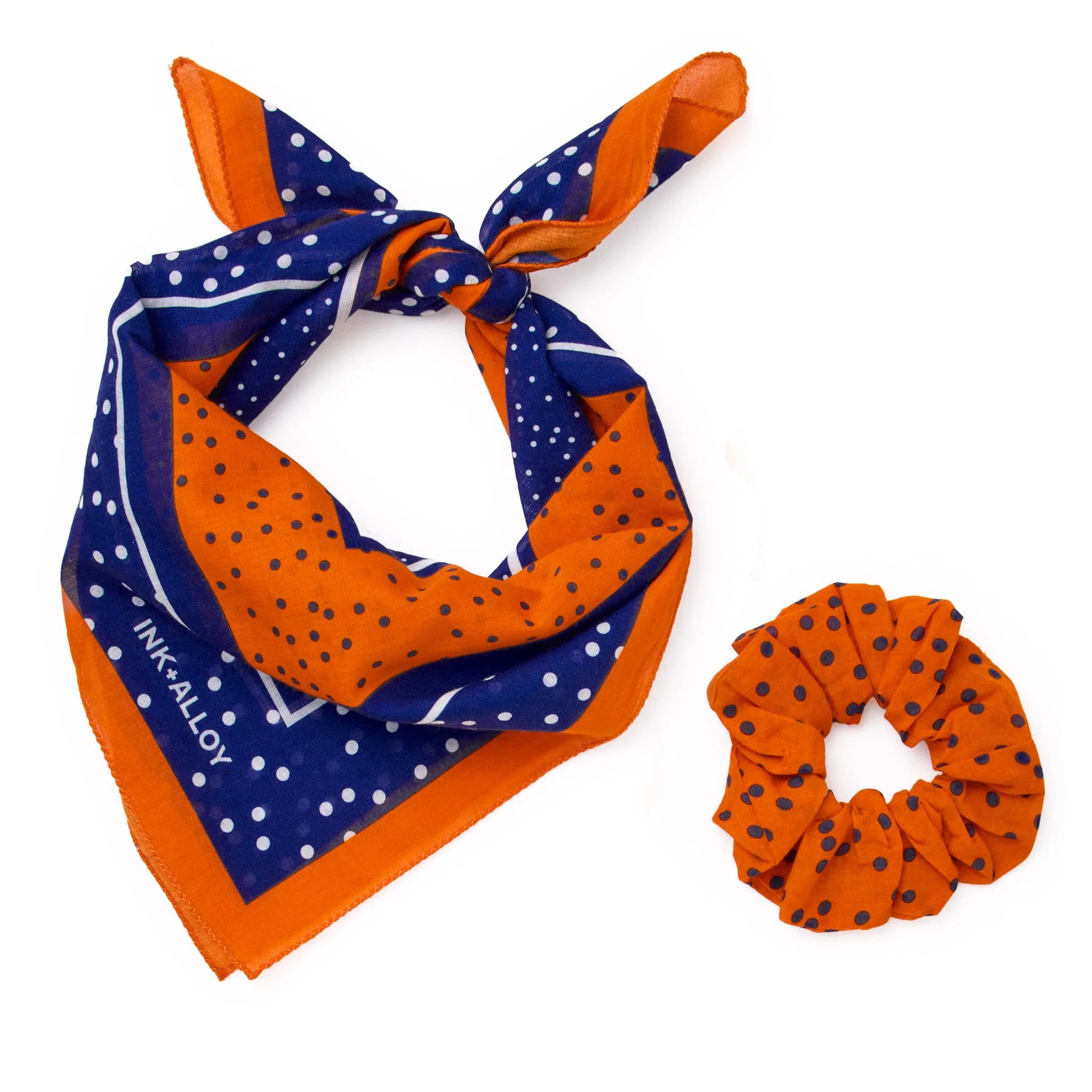 Game Day Polka Dot Scarf + Scrunchie Navy + Orange 21x21 | INK+ALLOY