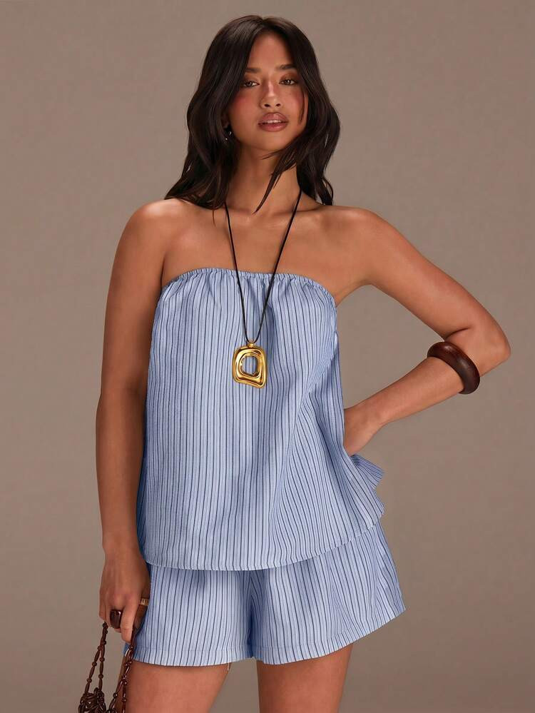 Athîral Women Striped Bandeau Top And Shorts Casual 2 Pieces Set | SHEIN