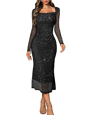 DRESSTELLS Women's Formal Cocktail Long Sleeve Wedding Guest Sequin Sparkly Holiday Party Mesh Bo... | Amazon (US)