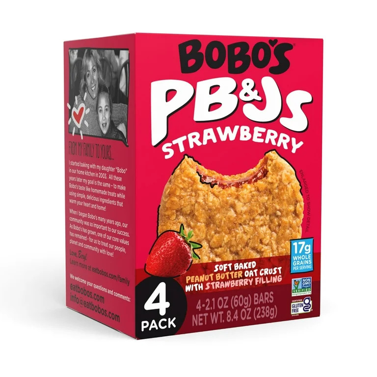 Bobo's PB&Js, Peanut Butter Oat Crust With Strawberry Filling, 4 Pack of 2.1oz oat snacks | Walmart (US)