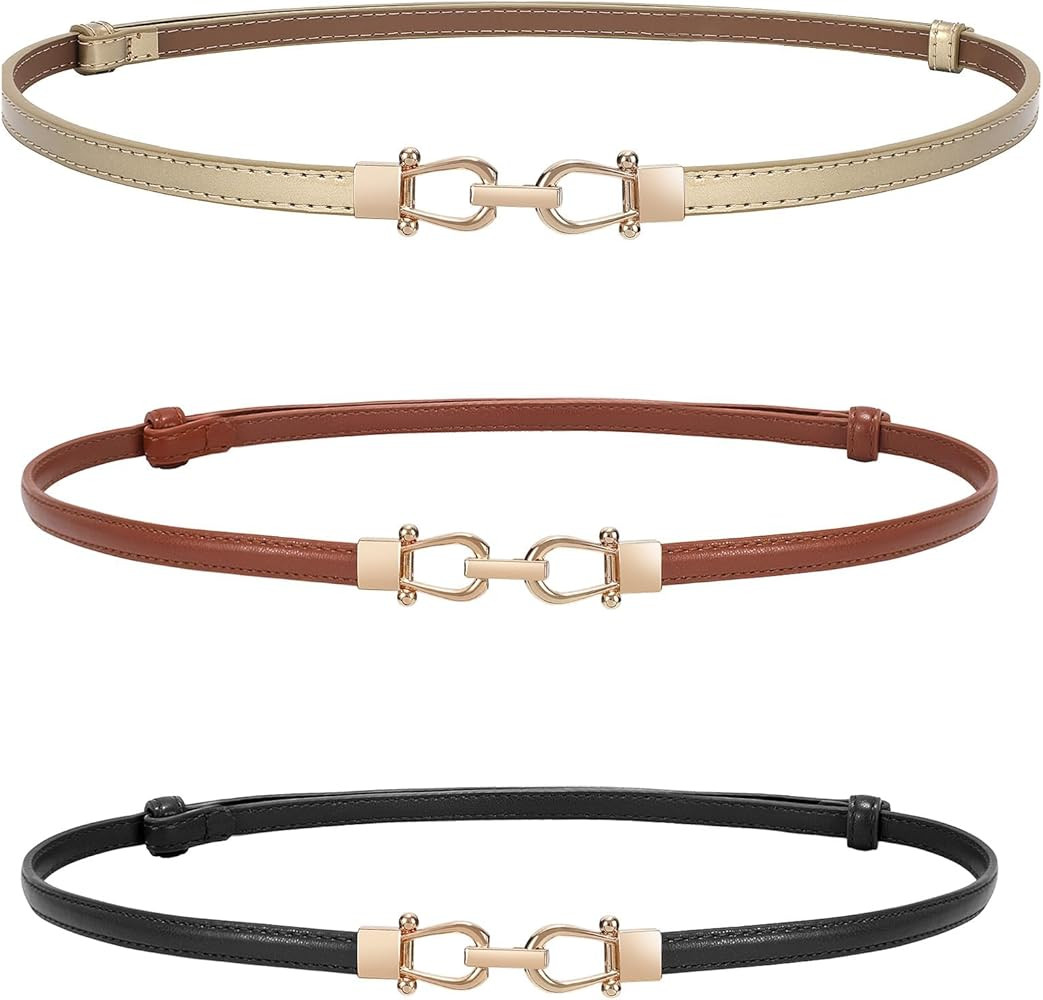WERFORU Women 3 Pack Skinny Belt for Dress,Thin Waist Belt - Adjustable Leather Belt with Gold Bu... | Amazon (US)