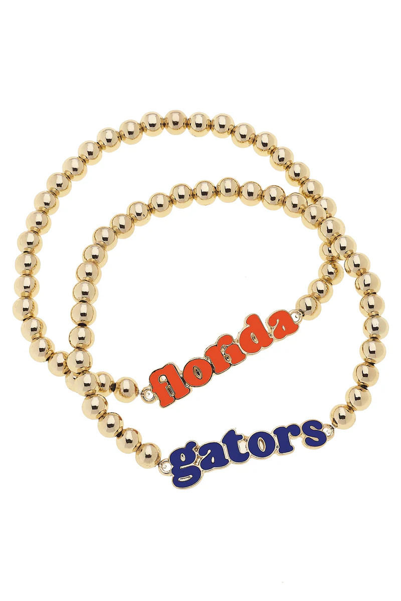 Florida Gators Slogan Ball Bead Bracelet Set of 2 in Orange/Blue/Shiny Gold | CANVAS