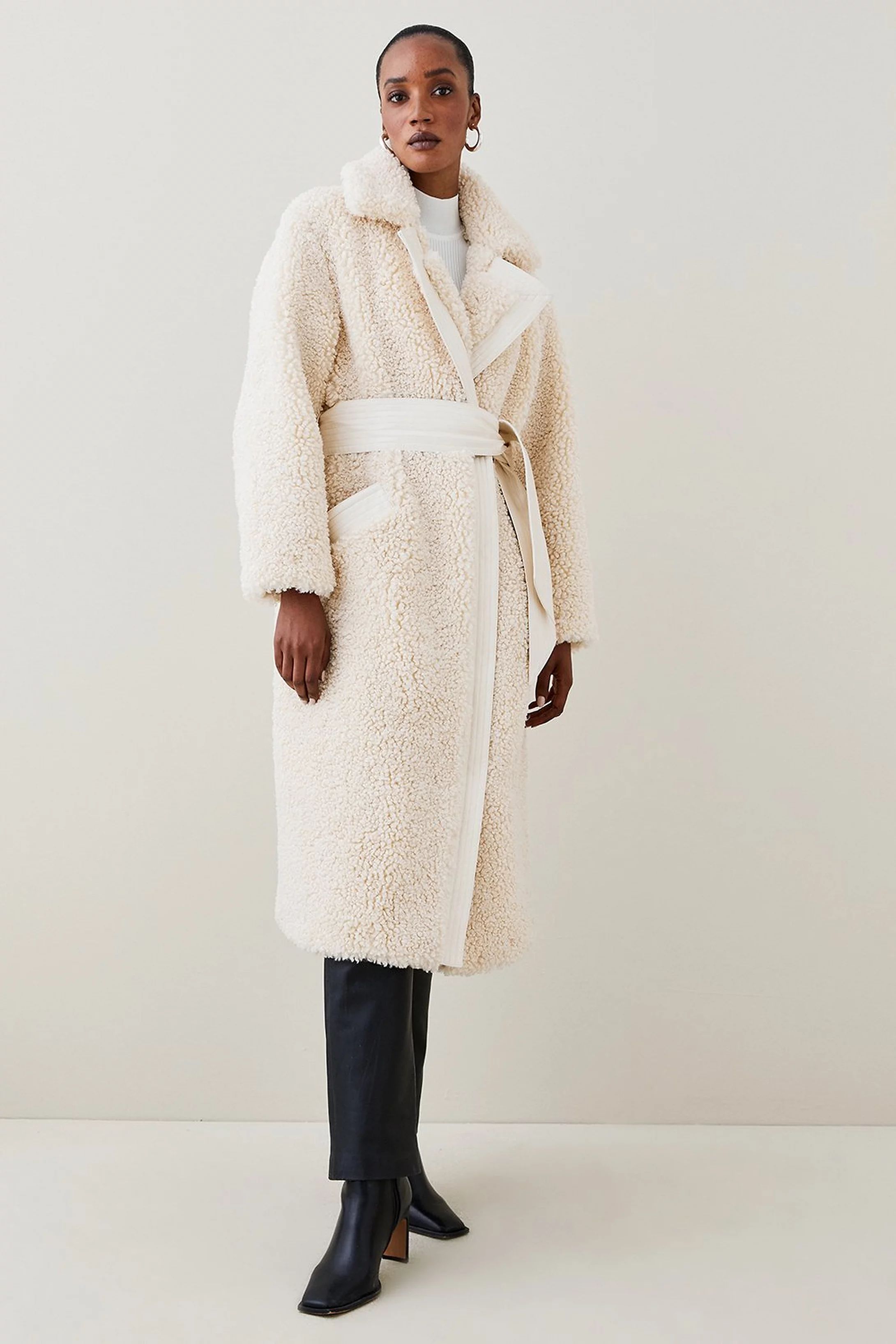 Teddy Longline PU Belted Coat | Karen Millen US