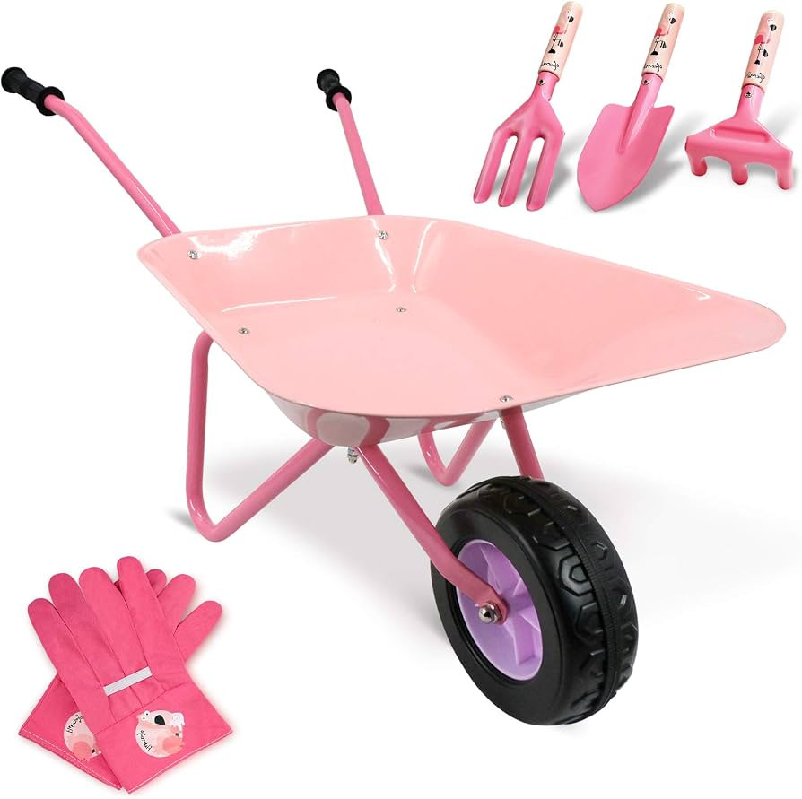 Kids Wheelbarrow Set Metal, Child Wheel Barrel Pink Easy to Assemble and Kids Gardening Tools Kit... | Amazon (US)