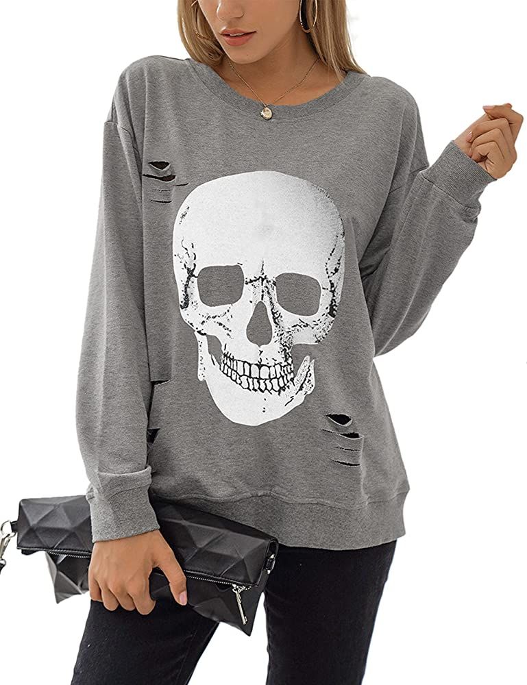 Women's Crewneck Sweatshirt Skull Graphic T Shirts Long Sleeve Top Pullover Oversized Sweaters | Amazon (US)