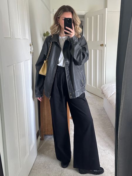 faux leather bomber, black wide leg trousers, yellow bag, Dissh, Cotton On, Me+Em, Demellier, Flattered, black loafers, basic top, leather bag, leather shoes, leather jacket
 

#LTKitbag #LTKstyletip #LTKeurope