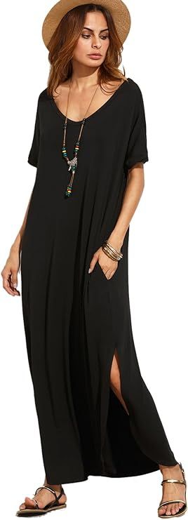 MAKEMECHIC Women's Casual Loose Pocket Long Dress Short Sleeve Split Maxi Dress | Amazon (US)