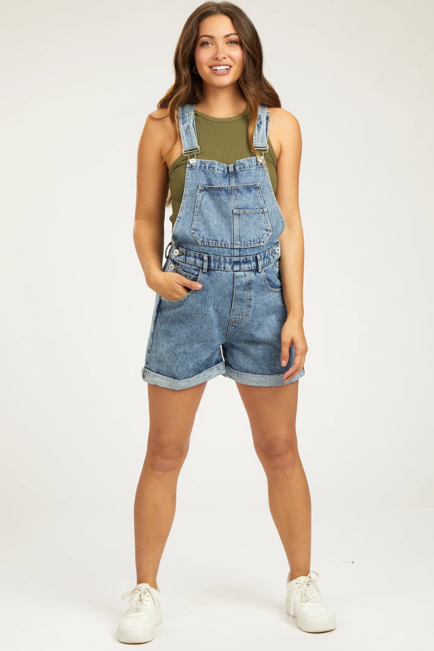Blue Rolled Hem Maternity Short Overalls | PinkBlush Maternity