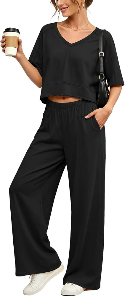 Panadila Women's 2 Piece Lounge Set V Neck Crop Top Wide Leg Pants | Amazon (US)