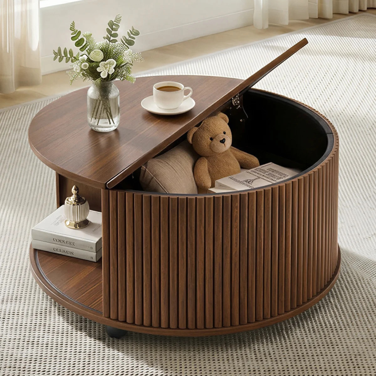 31.5'' Wood Round Coffee Table With Storage and 360° Curved Sliding Door | Wayfair North America