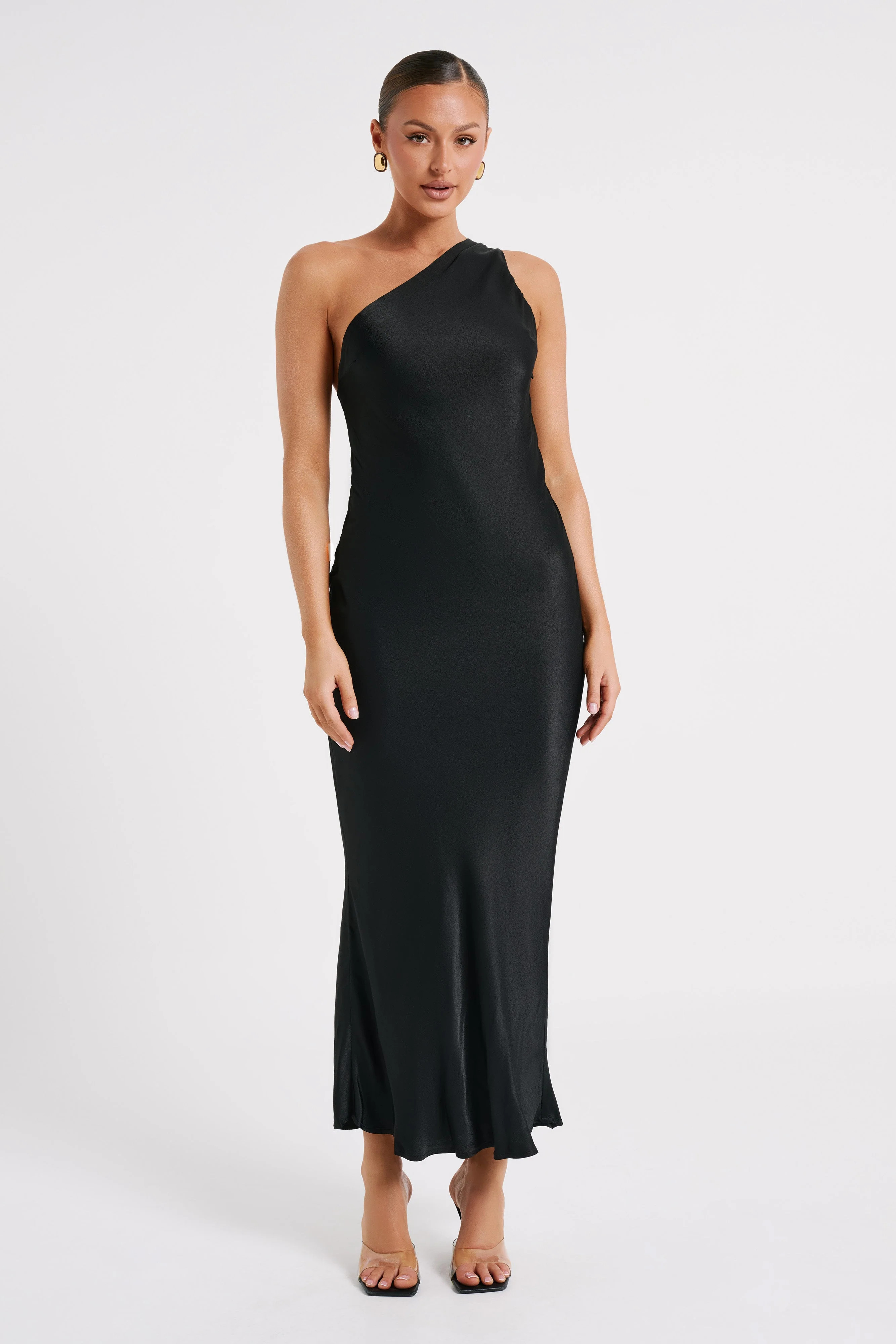 Alejandra One Shoulder Satin Maxi Dress - Black | MESHKI US