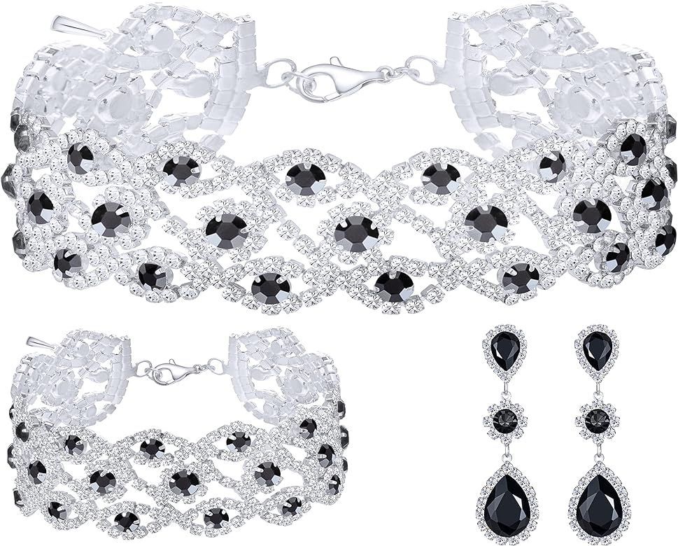 Paxuan Women Rhinestone Crystal Wedding Bridal Choker Necklace Earrings Bracelet Jewelry Sets | Amazon (US)