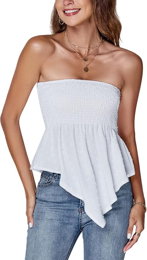 LYANER Women's Strapless Pleated Ruffle Hem Shirred Bandeau Sleeveless Tank Tube Top | Amazon (US)