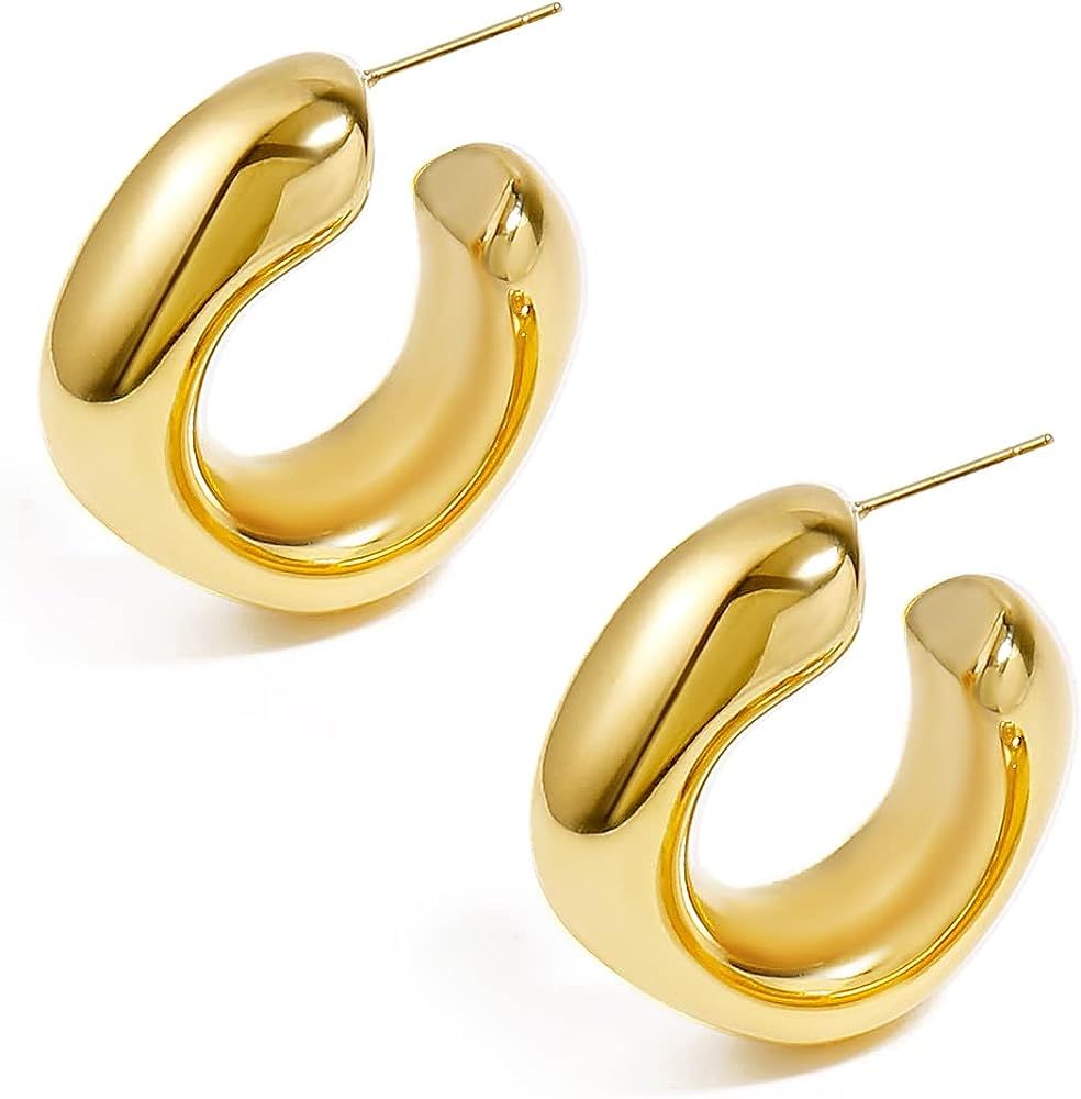 Chunky Gold Hoop Earrings 14k Plated Gold Lightweight Thick Earrings For Women | Amazon (US)