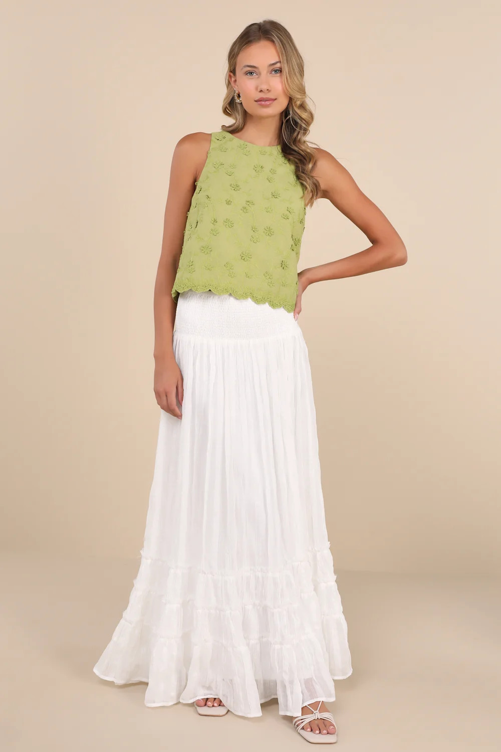 Pleasant Personality Green Floral Embroidered Crew Neck Tank Top | Lulus
